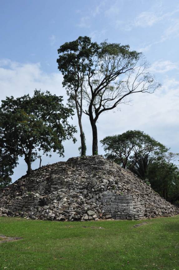 Árvores crescem sobre as asntigas pirâmides de Lubantun, ruínas mayas no sul de Belize